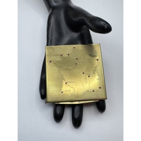 Vintage Brass Gold Tone Mirrored Powder Compact With Map Of France Design